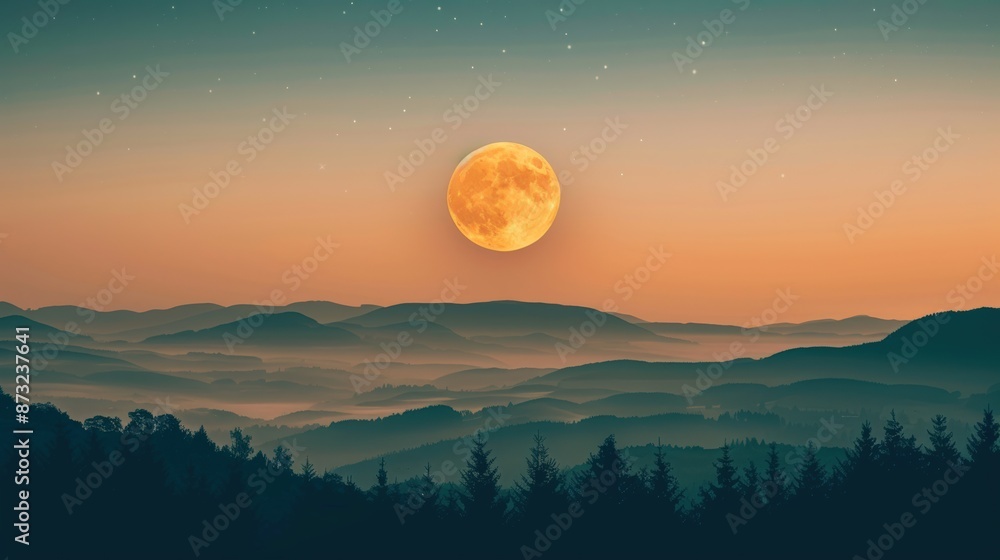 Full Moon Over Silhouetted Mountain Range with Misty Layers Full Moon Over Silhouetted Mountain Range with Misty Layers
