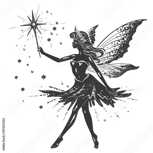 Black and white fairy silhouette with stars and magic wand