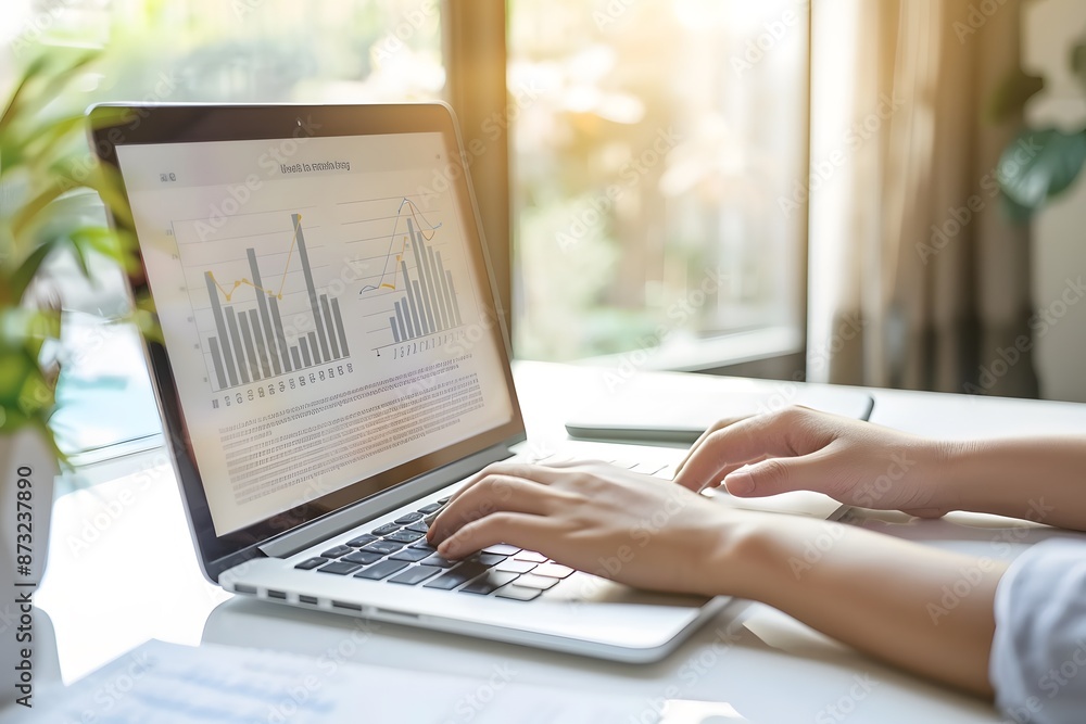Close-up of hands typing on a laptop with financial charts on the screen, set in a bright and airy workspace. Close-up of hands typing on a laptop with financial charts on the screen, set in a bright and airy workspace.