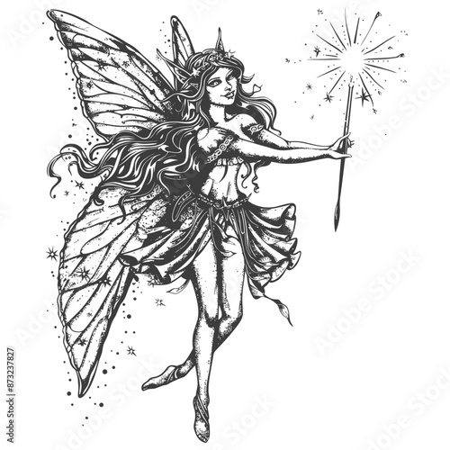 Ornate detailed black and white fairy illustration