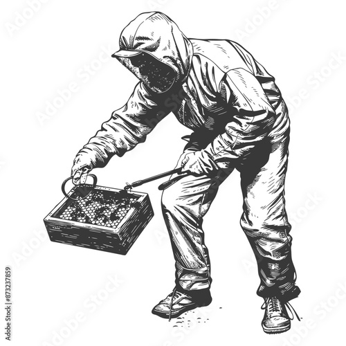 Beekeeper Tending to Honeycomb Frames in Protective Suit