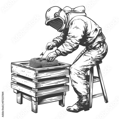 Beekeeper Tending to Honeycomb in Protective Suit