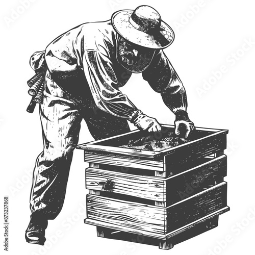 Industrious Beekeeper Carefully Tends to His Honeybee Hive