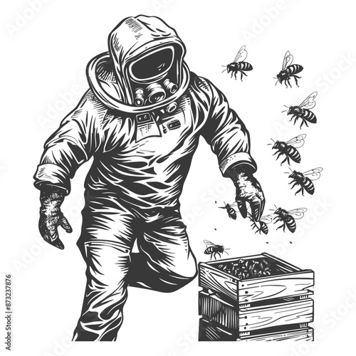 Vintage Beekeeper Tending to Busy Honey Bee Hive
