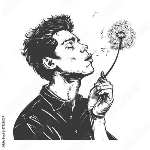 Young man blowing dandelion flower seeds in the wind