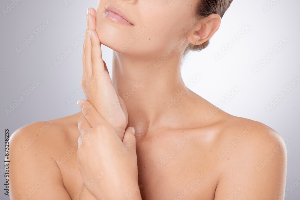 Woman, studio and touch or smooth skincare, pamper and natural cosmetics on gray background. Female person, clean and clear skin by dermatology or results of facial treatment, health and wellness