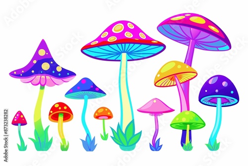 a set of different sized neon mushroom family on the background © ArtyKris99