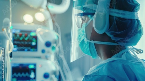 Healthcare professional in full protective gear monitoring patient's vital signs on high-tech equipment in a hospital setting.