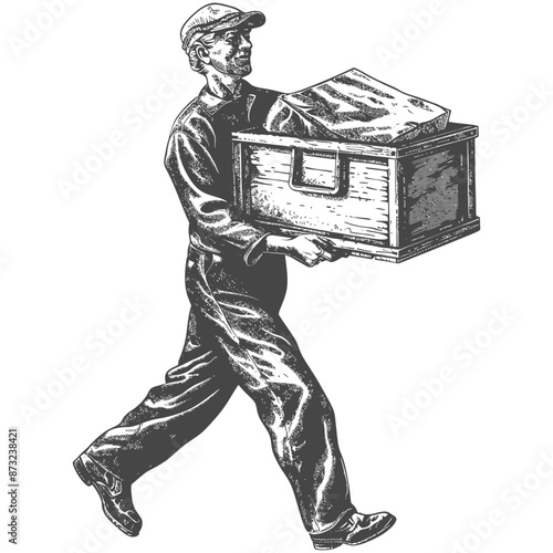 Vintage illustration of a delivery man carrying a wooden crate