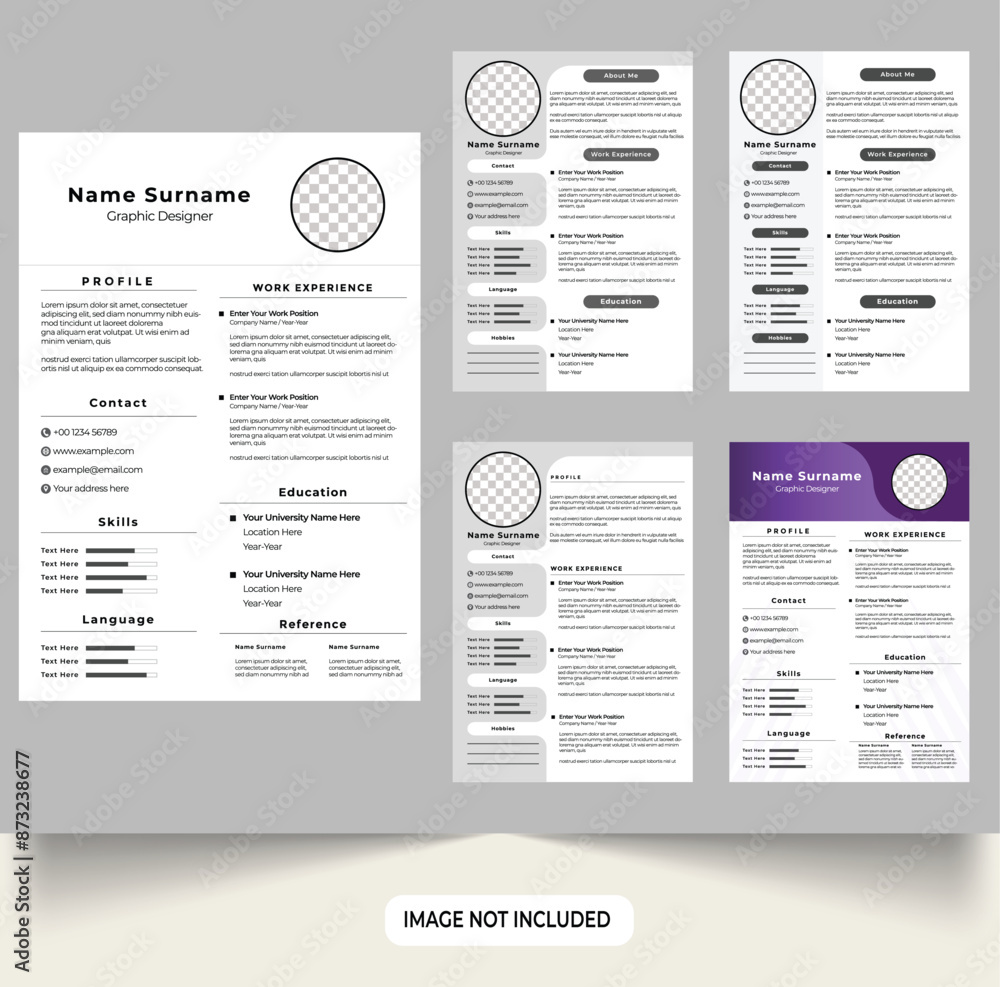 Fototapeta premium Office job application CV and resume template set vector. Modern resume layout design collection for employees. intern CV template bundle vector for official work. minimalist resume design templates