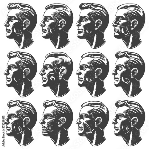 Set of ten vintage engraved hand drawn male face profiles with different emotions