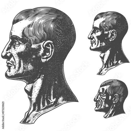 Set of three detailed engraved male head profiles in vintage retro woodcut style