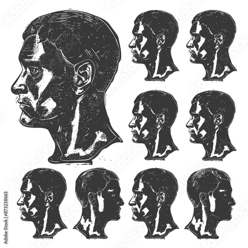 Set of nine detailed male head and face profiles in different angles