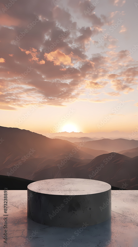 Minimalist podium with mountains and sky in the background Minimalist podium with mountains and sky in the background