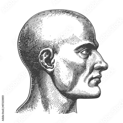 Detailed profile sketch of a bald human head with defined facial features