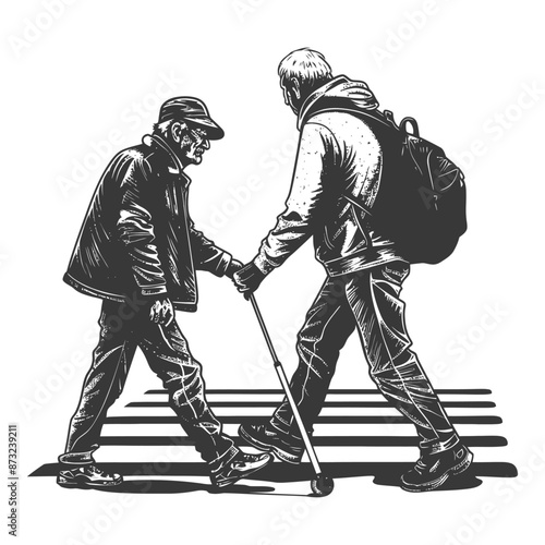 Elderly Men Using a Crosswalk Together