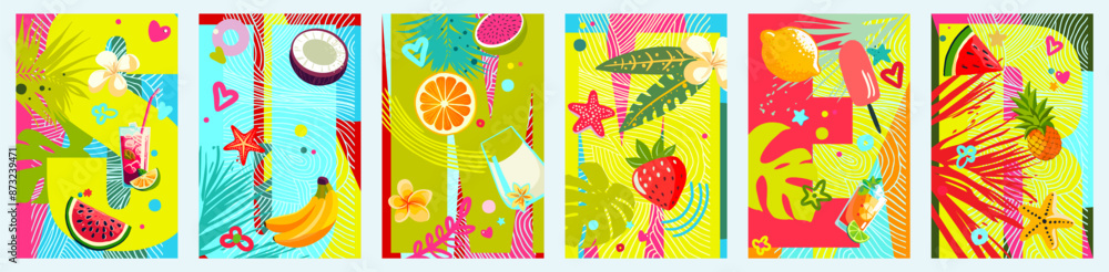 Summer vibe - a set of editable posters on the theme of summer holidays, discounts, sales, festivals. Bright cartoon illustrations with a textured background and the letters Summer vibe - a set of editable posters on the theme of summer holidays, discounts, sales, festivals. Bright cartoon illustrations with a textured background and the letters
