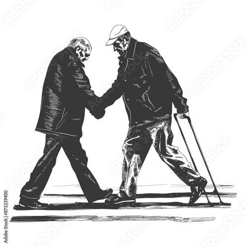 Elderly man helping another man walk with a cane