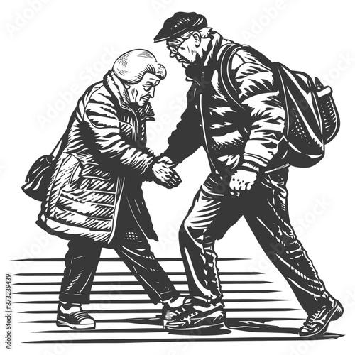 Elderly Couple Holding Hands in Crosswalk