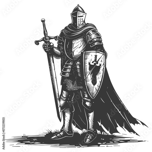 Valiant medieval knight in full plate armor, sword, and shield