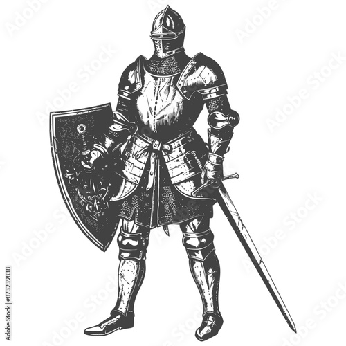 Valiant medieval knight in full plate armor, shield, and sword