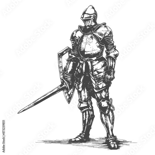 Valiant medieval knight in full plate armor, sword, and shield ready for battle