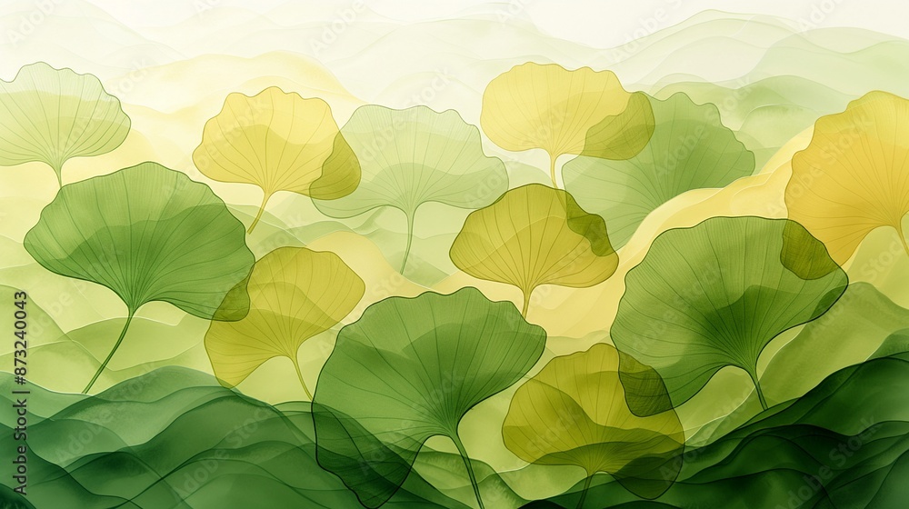 Drawing illustration of green ginkgo biloba leaves. green leaves on a yellow background Drawing illustration of green ginkgo biloba leaves. green leaves on a yellow background