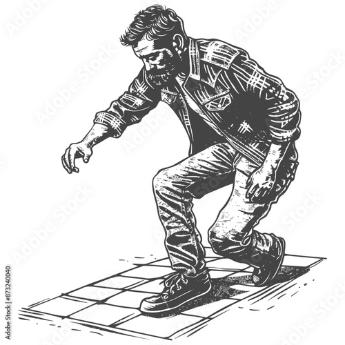 Bearded man crouching and examining the ground