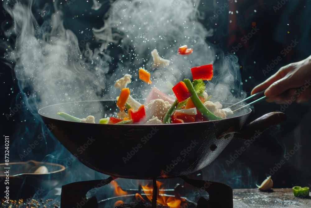 A chef skillfully tossing vegetables in a wok, creating a burst of vibrant colors and enticing aromas. A chef skillfully tossing vegetables in a wok, creating a burst of vibrant colors and enticing aromas.