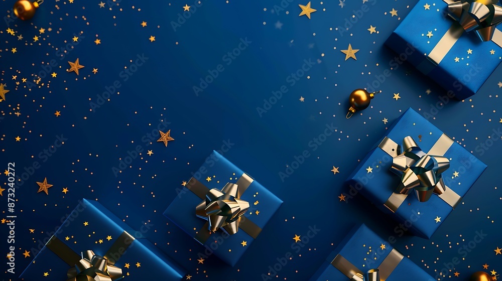 High-quality illustration of blue presents with elegant golden bows, against a royal blue background with golden stars, minimalistic style High-quality illustration of blue presents with elegant golden bows, against a royal blue background with golden stars, minimalistic style