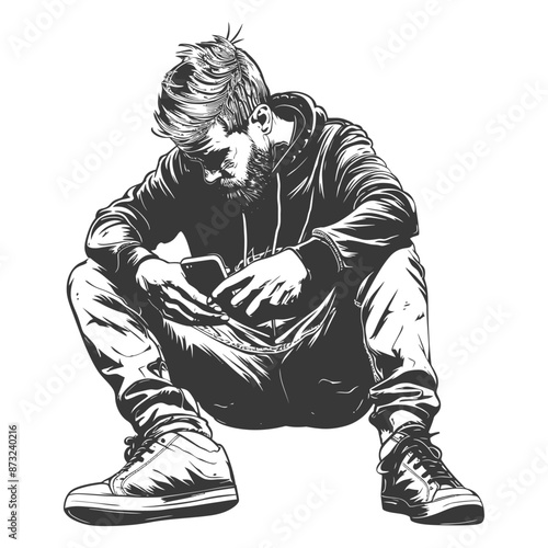 Contemplative man engrossed in his mobile device finds solace in technology.