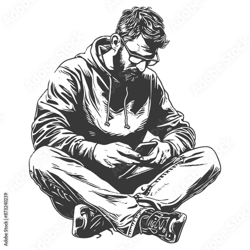 Illustration of a bearded man wearing glasses and a hoodie, sitting on the ground and looking at his phone
