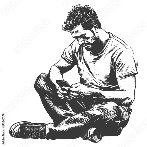 Contemplative man engrossed in his mobile device, lost in the digital realm.