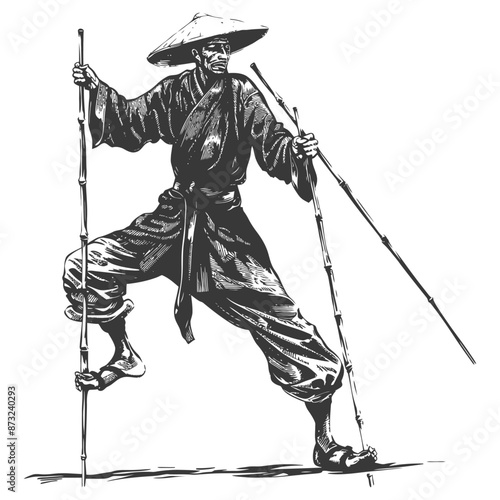 Illustration of a Determined Monk Balancing on Bamboo Stilts