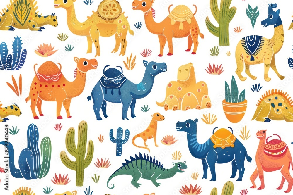 Naklejka premium Fun and colorful seamless pattern of desert animals like camels, lizards, and meerkats in a cartoon style. The 2D illustration is ideal for use in children's books, desert-themed decor, and playful