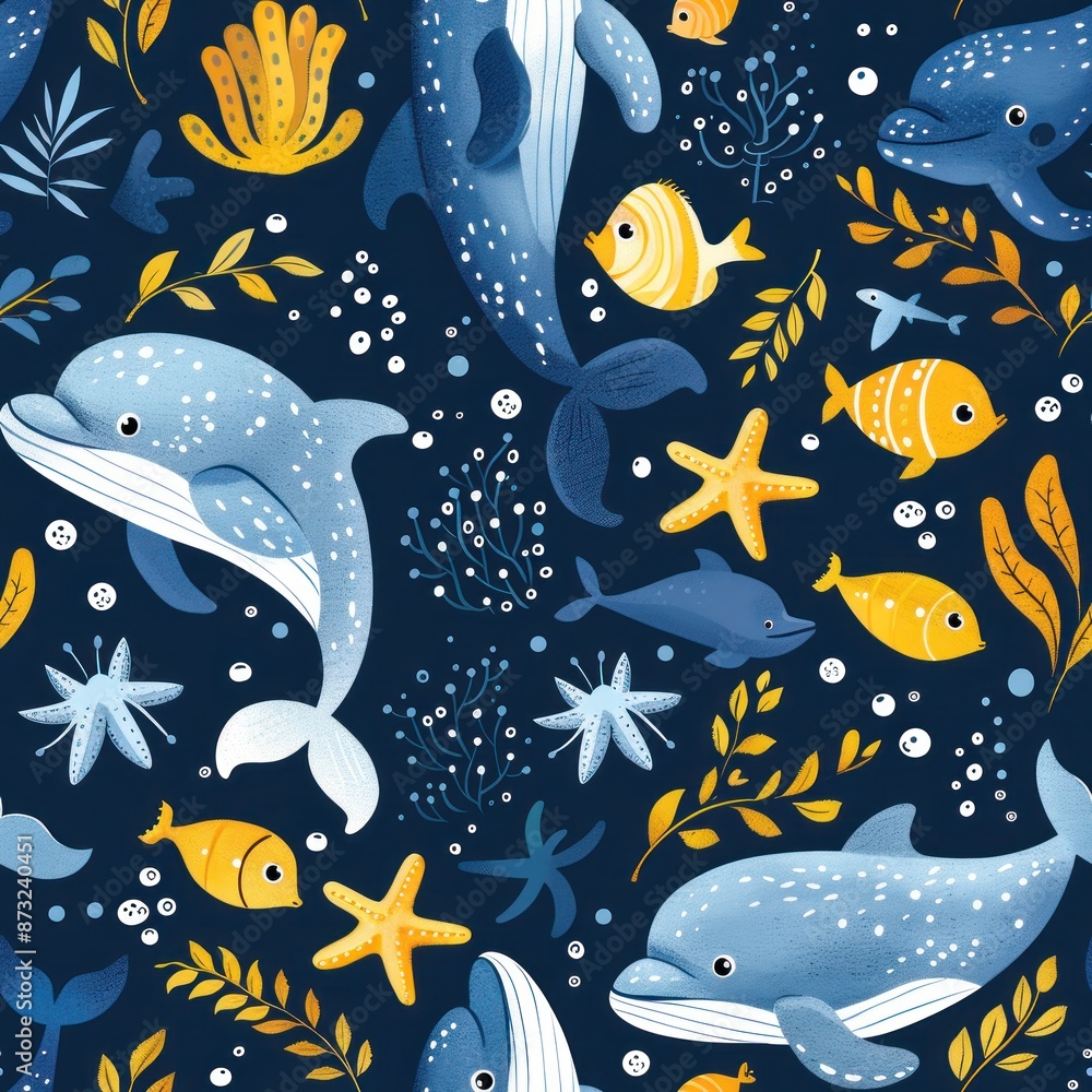 Playful and vibrant seamless pattern of ocean animals such as whales, dolphins, and starfish in a cartoon style. The 2D illustration showcases these marine creatures in a fun and engaging way, ideal Playful and vibrant seamless pattern of ocean animals such as whales, dolphins, and starfish in a cartoon style. The 2D illustration showcases these marine creatures in a fun and engaging way, ideal
