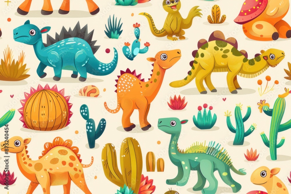 Fun and colorful seamless pattern of desert animals like camels, lizards, and meerkats in a cartoon style. The 2D illustration is ideal for use in children's books, desert-themed decor, and playful Fun and colorful seamless pattern of desert animals like camels, lizards, and meerkats in a cartoon style. The 2D illustration is ideal for use in children's books, desert-themed decor, and playful