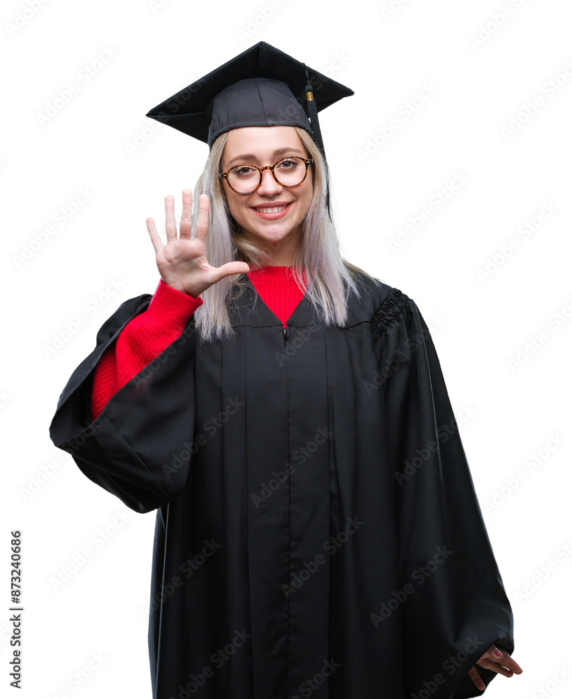 Young blonde woman wearing graduate uniform over isolated background showing and pointing up with fingers number five while smiling confident and happy. Young blonde woman wearing graduate uniform over isolated background showing and pointing up with fingers number five while smiling confident and happy.