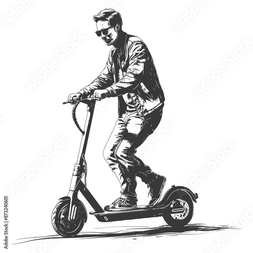 Stylish man riding electric scooter in urban city street