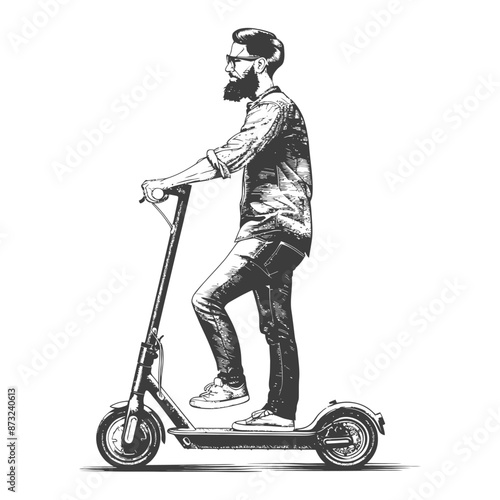Stylish man riding an electric scooter in urban city street