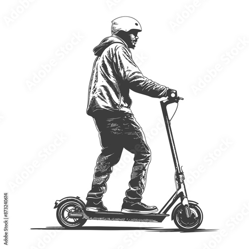 Black and white sketch illustration of a man riding an electric scooter
