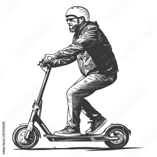 Illustration of a Bearded Man Riding an Electric Scooter