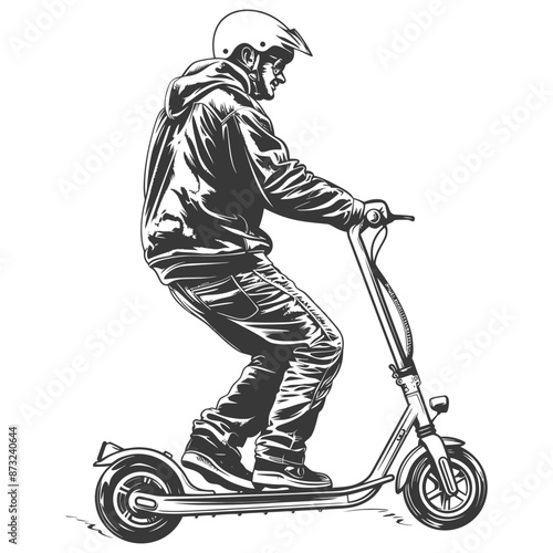 Black and white illustration of a man riding an electric scooter