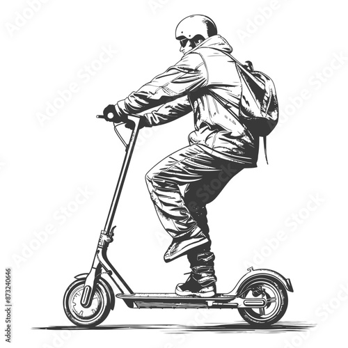Ink Illustration of a Commuter Riding an Electric Scooter to Work in the City