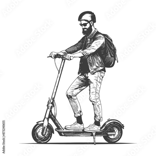 Bearded man riding an electric scooter