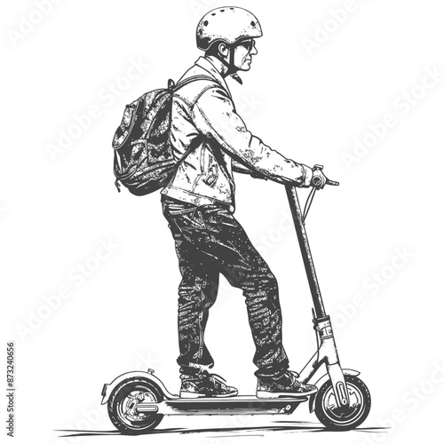 Commuter rides an electric kick scooter to work in the city