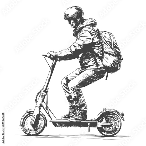 Commuter riding an electric scooter to work in the city