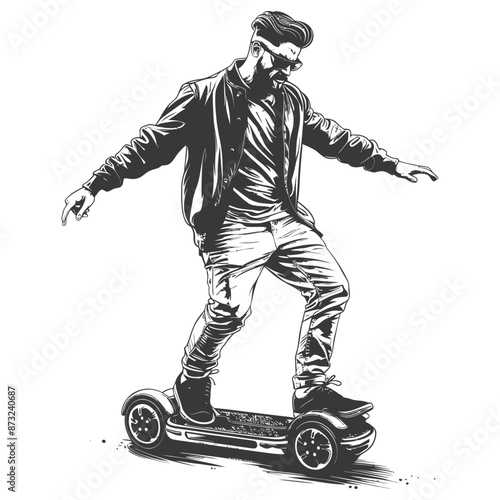Stylish man rides futuristic hoverboard in urban setting, enjoying the freedom of personal transportation.