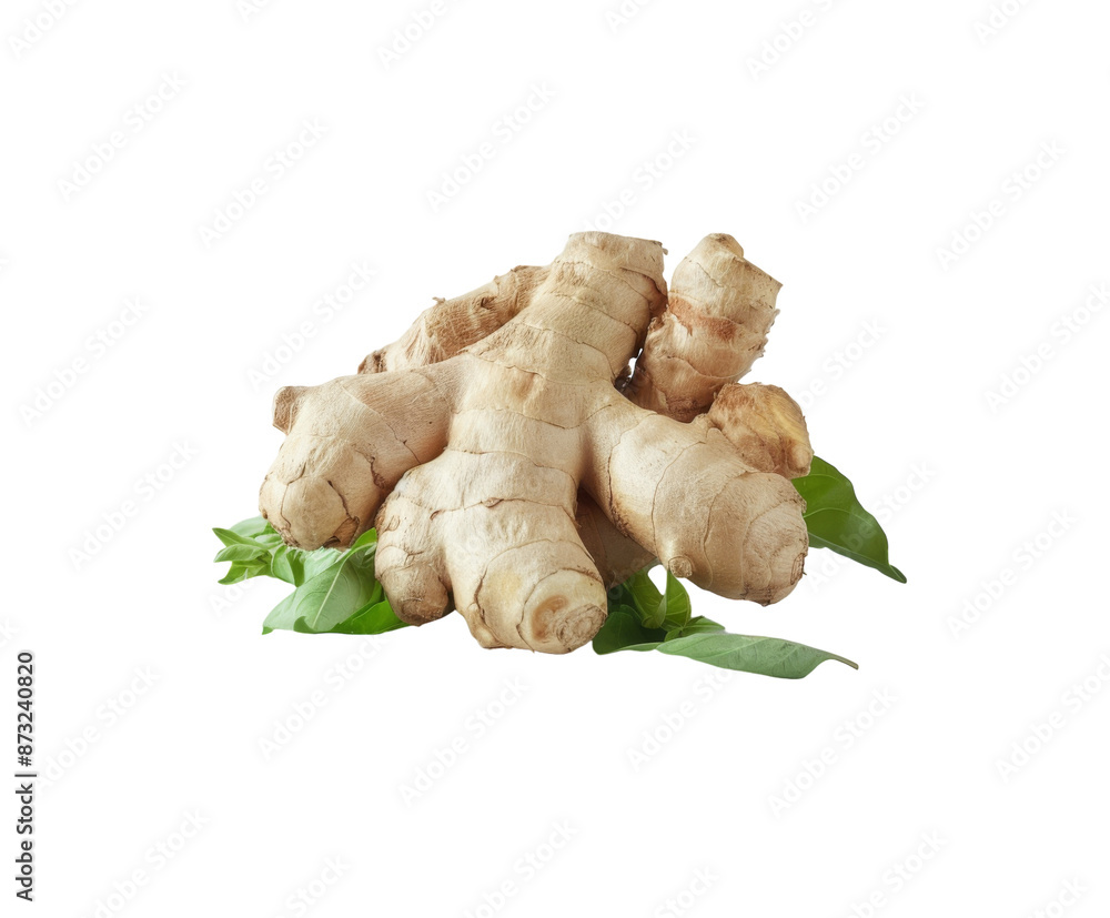 Fresh ginger root with green leaves, isolated on white. Fresh ginger root with green leaves, isolated on white.