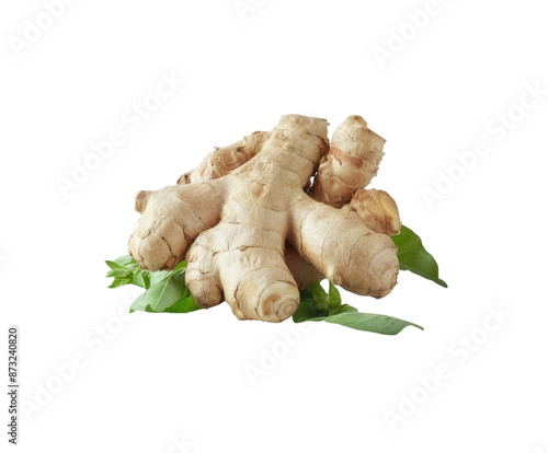 Fresh ginger root with green leaves, isolated on white. photo